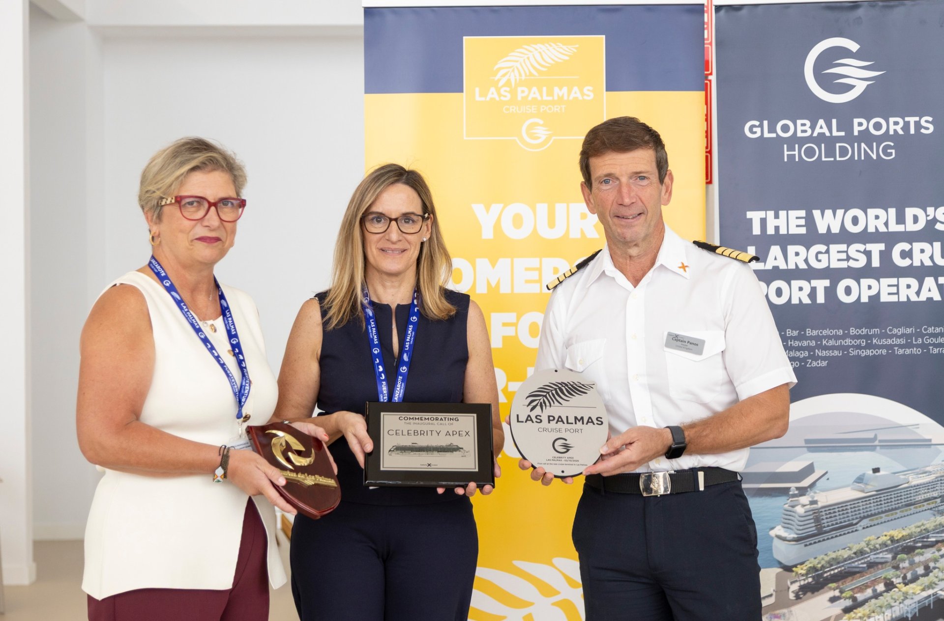 Beatriz Calzada - President of the Las Palmas Port Authority, Susana Gutiérrez - General Manager of GPH Canary Islands Cruise Ports and Captain Panagiotis Skylogiannis - master of Celebrity Apex.