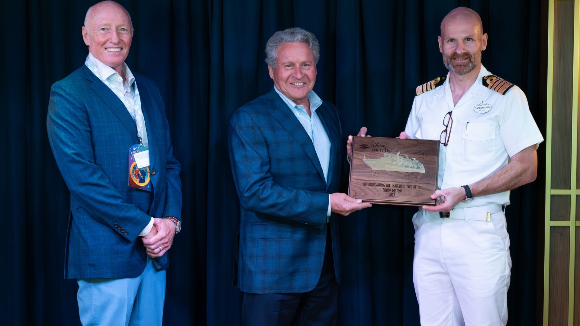 Port Canaveral present Disney Destiny's captain with a plaque for her first arrival into the port